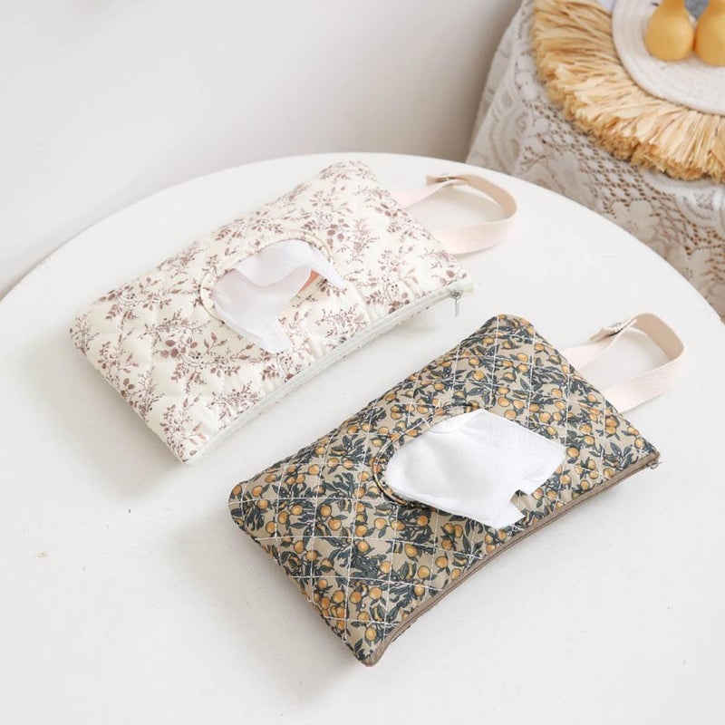 Quilted Baby Wipe Holder Floral Baby Diaper Pouch, Reusable Quilted Wipes Bag Mommy Bag With Lanyard for Daily (Beige) - Image 5